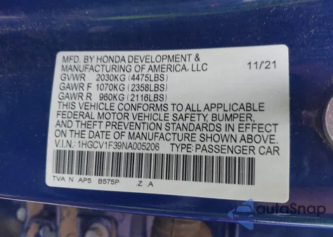 2022 Honda Accord Sport z USA, uszkodzony, nr VIN 1HGCV1F39NA005206